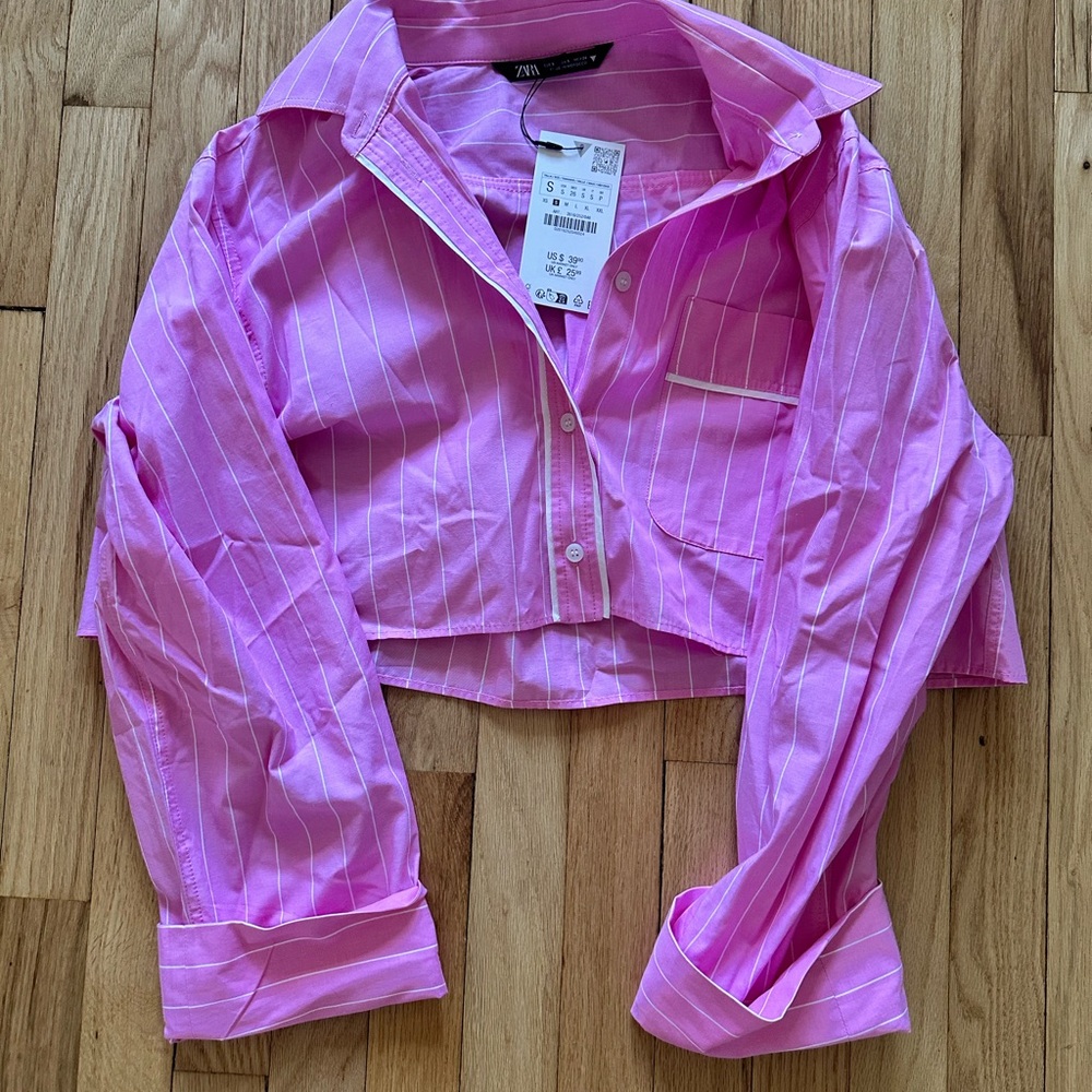 Zara Pink Striped Button Down Crop Shirt